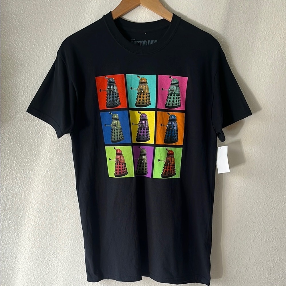 Black Short-Sleeve Graphic Tee with Multicolor Dalek Panels